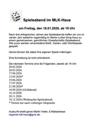 Spieleabend im MLK-Haus am Freitag, den 16.01.2026, ab 19 Uhr